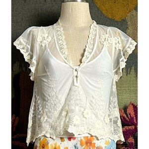Anthropologie Embroidered Flutter Sleeve Top XXS